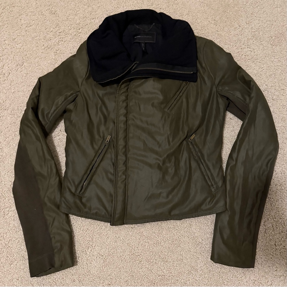 BCBG Maxazria Emerson Jacket Rare Dark Fatigue Color Cropped Fleece Lined Sz XS